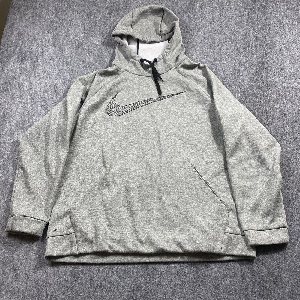 Nike Dri Fit Hoodie Mens Large Gray Pullover Sweater Gym Training Swoosh